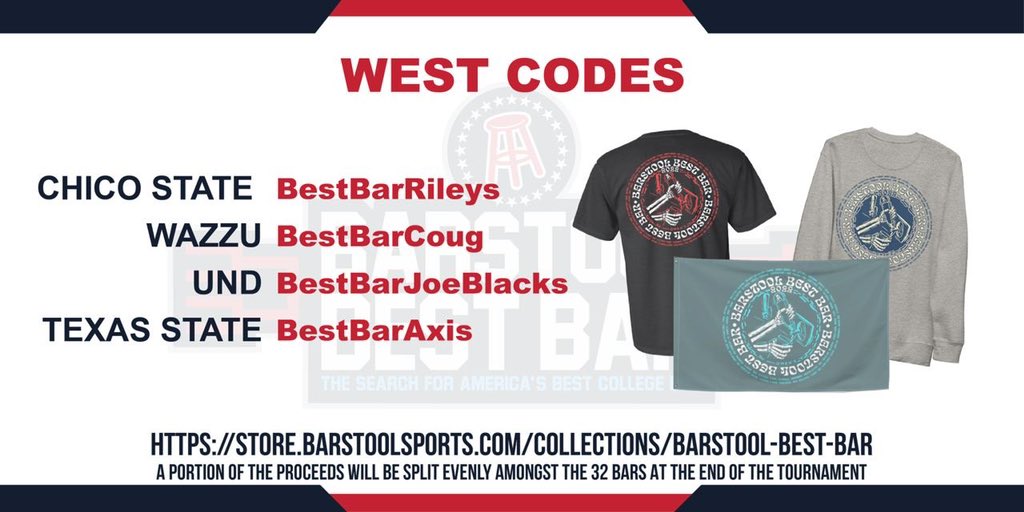 BarstoolU's tweet photo. #1 @ChicoStBarstool vs #5 @BarstoolWazzu 

To vote for @RileysChico, tweet “#BestBarRileys”

To vote for @TheCoug_, tweet “#BestBarCoug”  

For 5 extra votes, purchase our #BarstoolBestBar merch &amp; use the code in the graphic below at checkout. Link: https://t.co/v5RGTnyFlv https://t.co/LvXvFyp39h