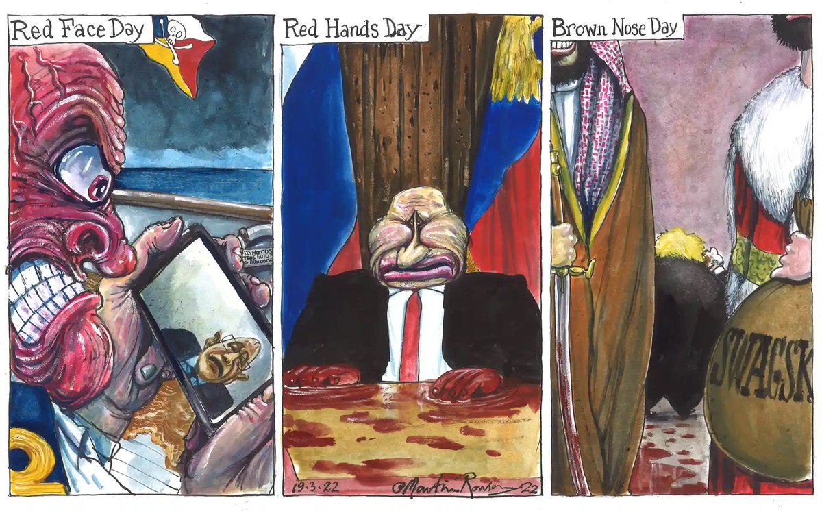Cartoon4sale's tweet photo. Martin Rowson on three themes for this Friday night #PandO #POFerries #PutinWarCrimes #Saudi_Executions – political cartoon gallery in London https://t.co/dePcTdnXF6 https://t.co/wD8SU5YwFI