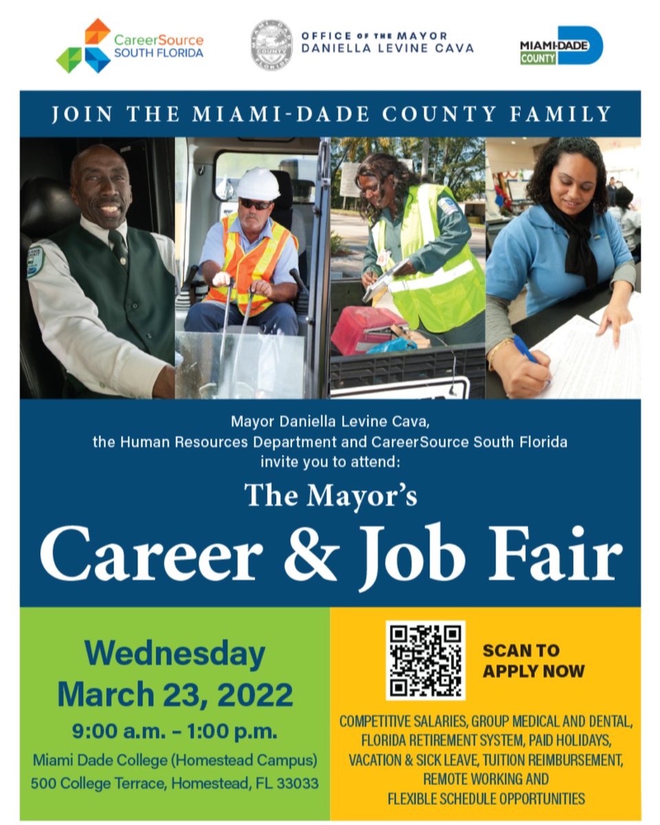Mia_DadeChamber's tweet photo. Join the Miami-Dade County Family,
Mayor Daniella Levine Cava, the HR Department and CareerSource South Florida: The Mayor's Career & Job Fair.
Wed. | Mar. 23, 2022 | 9 a.m. - 1 p.m.
MDC (Homestead Campus)
500 College Terrace
Homestead, FL 33033
#MDCC
#MayorCava
#CareerSource https://t.co/0MTGjJp83a
