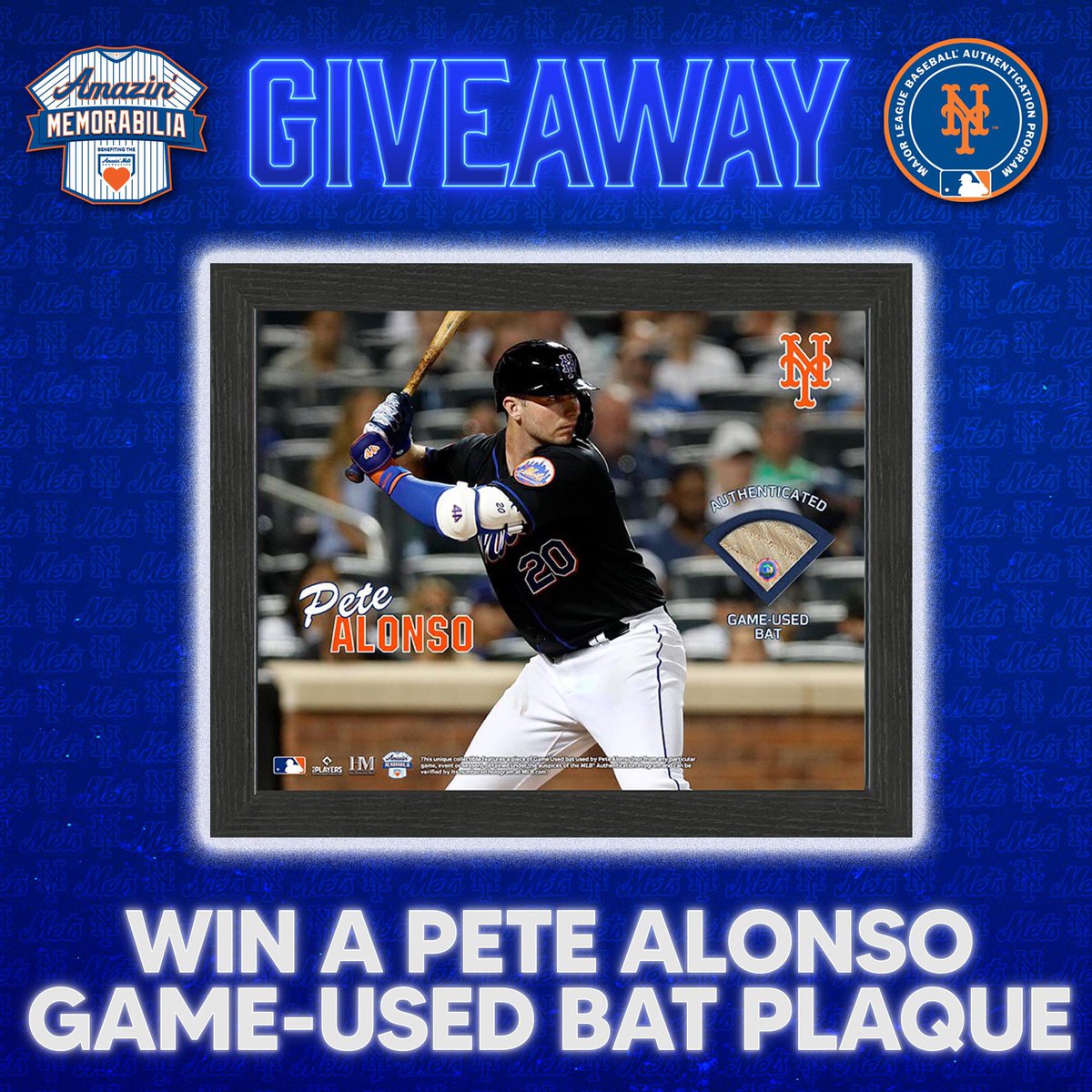 MetsMemorabilia's tweet photo. ⚾️ RETWEET TO WIN ⚾️

RT and follow us for your chance to win this #PeteAlonso plaque featuring a piece of his game-used bat! #Mets #LGM #NYM #giveaway #retweet #CitiField https://t.co/hmjTzhUKQm