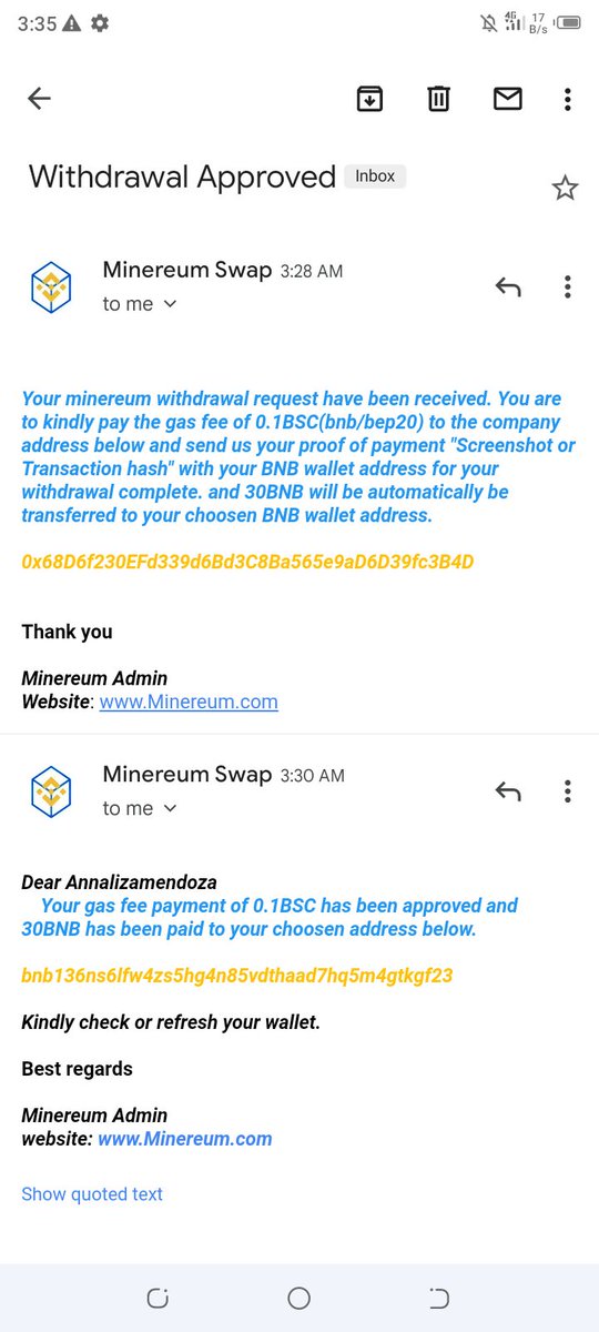 Minereum Support Pool (@minereumpool) on Twitter photo Withdrawal paid successfully
Thanks <a href="/Annalizamendo22/">Annalizamendoza76@gmail.com</a>
Your withdrawal is complete kindly check your wallet.
Minere.com
#MinereumAdmim Withdrawal paid successfully
Thanks <a href="/Annalizamendo22/">Annalizamendoza76@gmail.com</a>
Your withdrawal is complete kindly check your wallet.
Minere.com
#MinereumAdmim