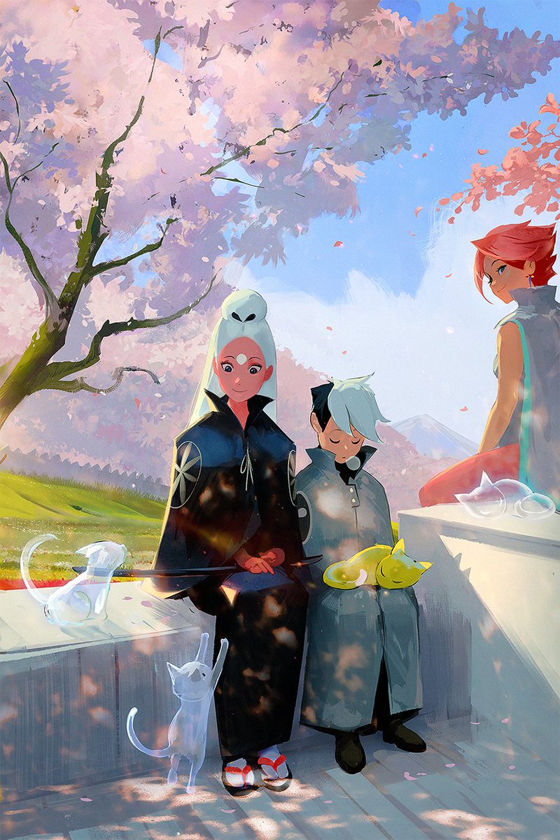 sitting multiple boys cherry blossoms outdoors cat red hair short hair  illustration images