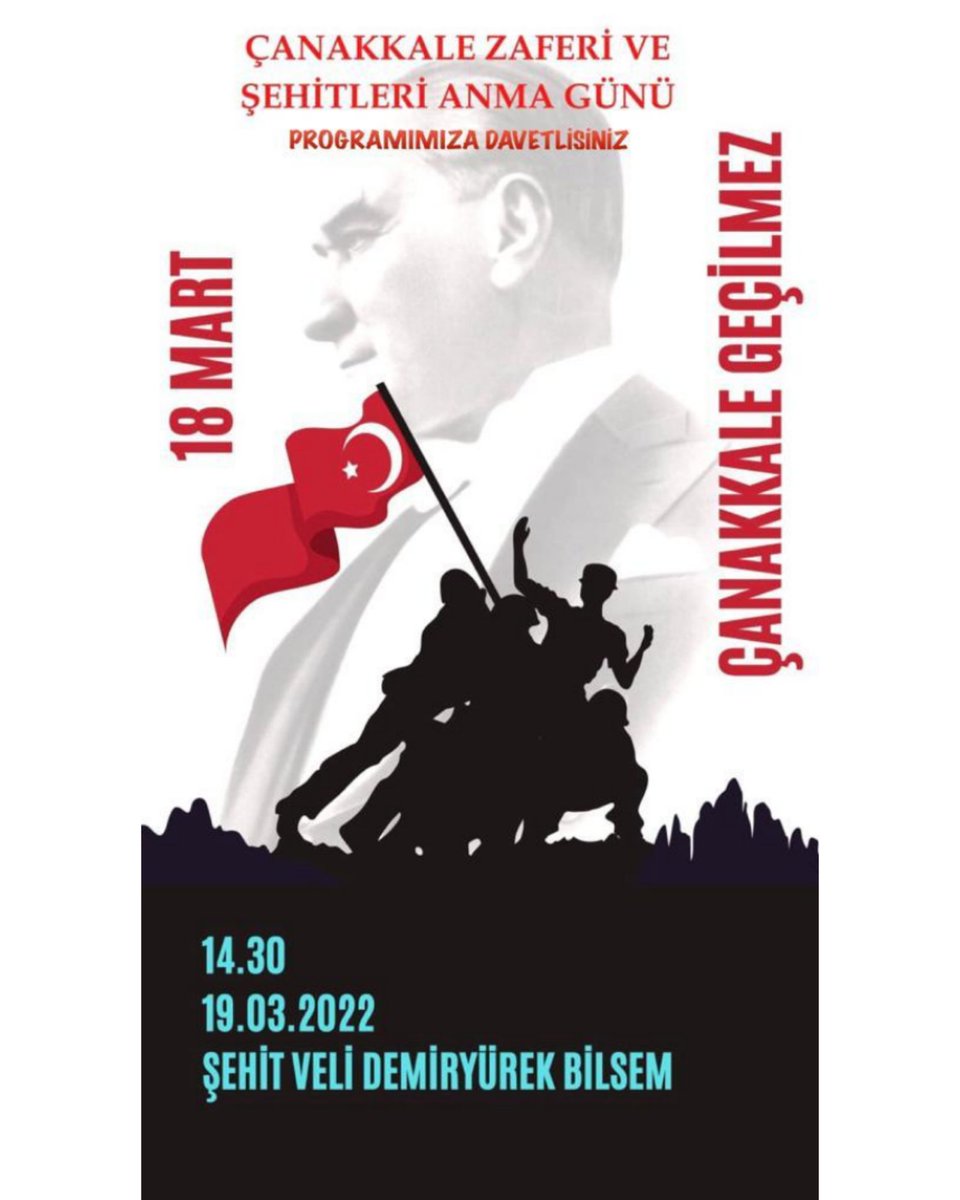 Fatma Kazan ve Sibel Çiloğlu Öğretmenlerimizin  danışmanlığında, Drama Atölyesi ve Müzik birimi  öğrencilerimizin hazırladığı Çanakkale Zaferi programı 19 Mart Cumartesi saat 14:30'da Okulumuz Toplantı Salonunda Yapılacaktır.
@BilsemMeb
<a href="/mramazanbarin/">Ramazan Barın</a> 
<a href="/ALBAKAydn/">Aydın ALBAK</a> 
<a href="/MullaKATIK/">Mulla KATIK</a>