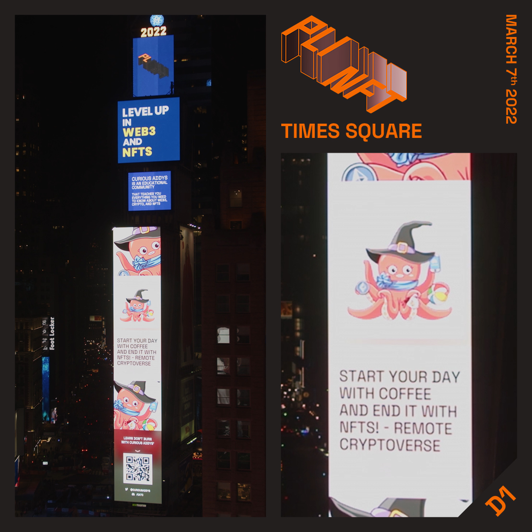 🐙Our NFT made its debut 📍 at Times Square in New York City 🇺🇸 Thanks to <a href="/CuriousAddys/">Curious Addys🐙</a> <a href="/PLINFT/">PLINFT</a> for the wonderful experience❣️ We are grateful and hope to meet <a href="/mai_on_chain/">Mai 🦇🔊</a> <a href="/Intenex/">Ben Yu</a> IRL soon 🥳🙌