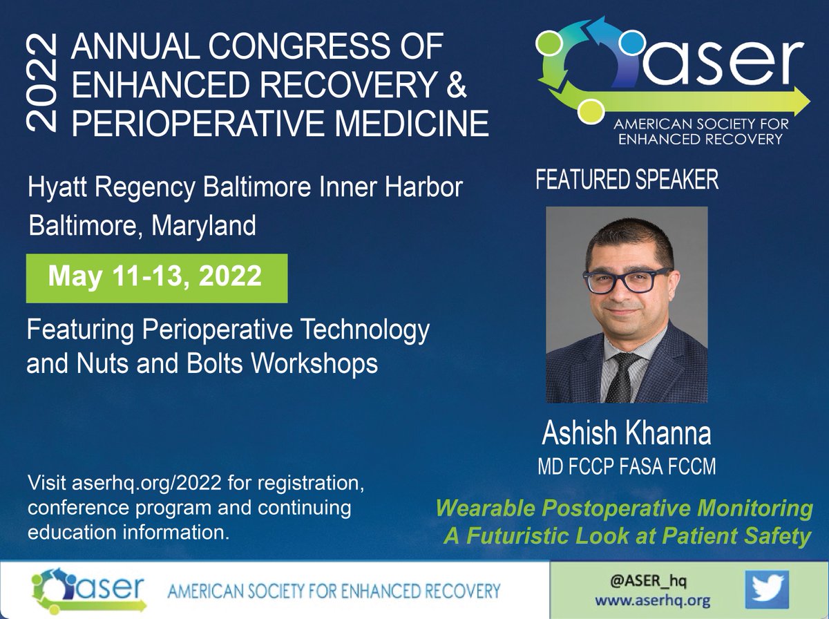 JOIN US AT #ASER2022 FEATURING <a href="/KhannaAshishCCM/">Ashish K. Khanna, MD,MS,FCCP,FCCM,FASA</a>
in PERIOPERATIVE TECHNOLOGY: CARDIO-RESPIRATORY MONITORING  
aserhq.org/2022/
<a href="/GottumukVijaya/">Vijaya Gottumukkala</a> <a href="/tlhedr0/">Traci Hedrick</a>
<a href="/te_miller/">Tim Miller</a> <a href="/KyleCologne/">Kyle Cologne</a>
