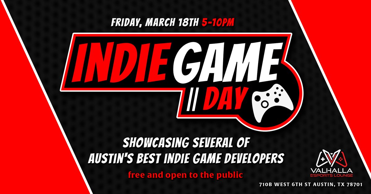 ValhallaELounge's tweet photo. We will have lots of great Austin-based indie game devs from 5-10pm today! Come check em out and see the latest and greatest Austin has to offer 🎮 https://t.co/5nHJhz90ol