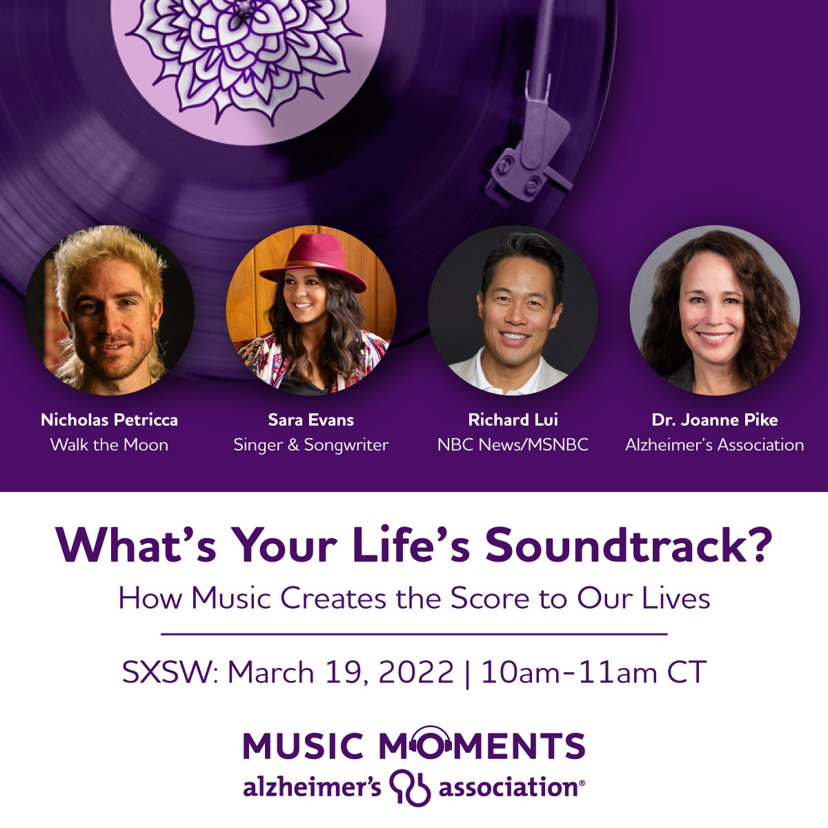 I look forward to joining @RichardLui, @SaraEvansMusic and @petricholas at #SXSW tomorrow morning to discuss @alzassociation’s #MusicMoments, a project dedicated to celebrating the connections that music creates throughout our lives.