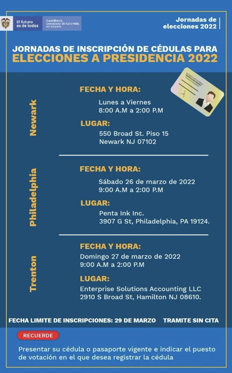 MIRAEEUU's tweet photo. Apreciados #ColombianosEnElExterior informamos acerca de las jornadas de inscripción de cédulas para elecciones de presidencia 2022 en #Newark y #Trenton #NewJersey y #Philadelphia #Pennsylvania 🇺🇸

Inscribe tu cédula antes del 29 de marzo. ¡No dejes que otros decidan por ti! https://t.co/zEzgOaisV8