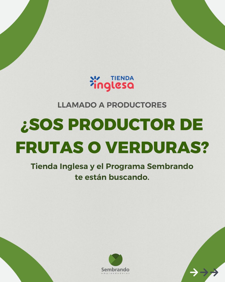 sembrandouy's tweet photo. 🔉 El #ProgramaSembrando y @TiendaInglesa se unen con el objetivo de promover a los emprendedores de Uruguay 🇺🇾
Si sos productor de frutas y verduras, estás formalizado, y tus productos son de gran calidad, POSTULATE‼
Inscribite ingresando a: https://t.co/1U6i0VzwHK https://t.co/TzejDeWdKq