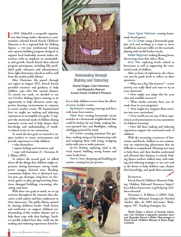 Excited to see our article, "Rebounding Through Making and #Tinkering, appear today in the Assoc. of Children's Museum's Hand-to-Hand publication! <a href="/MakerEdOrg/">Maker Ed</a> <a href="/KnockKnockCM/">Knock Knock Childrens Museum</a>  @childmuseums   <a href="/alexandratangos/">Alexandra Pearson</a>