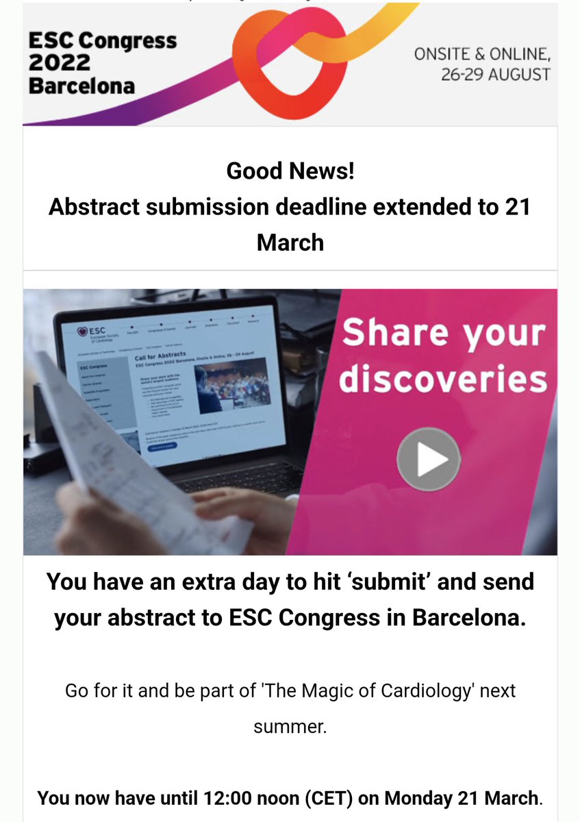 aayshacader's tweet image. #ESCCongress #ESCAbstract submissions deadline EXTENDED!!

JUST what the doctor ordered! 😁

🗓️ submit by: Monday 21 March
 12 noon CET

#ESCYoung 
@escardio @mirvatalasnag @VDelgadoGarcia @TJ_Yeo  @KardiologieHH @ANazmiCalik  @Sarah_Moharem @mrubini @Steph_Achenbach @Allan_Bohm