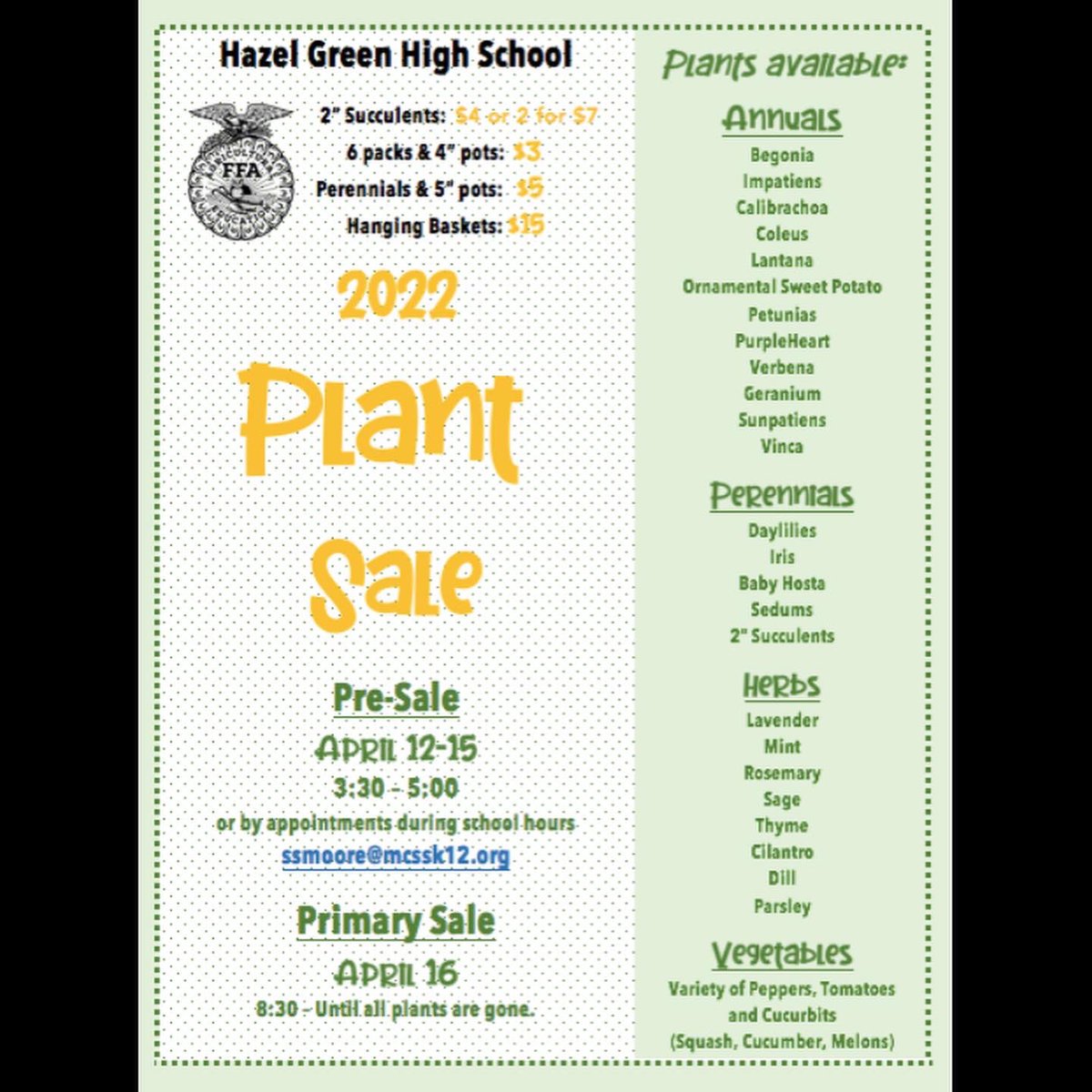 We are spilling over with excitement!! We are one month away… These baby plants need new home! 

April 16 <a href="/HazelGreenHigh/">Hazel Green High School</a> .  

Also, excited to announce we will have bare root red oaks available.  Don’t miss out!
 🌸🌺🌼🪴🌳🌶🥒🍅🫑🥬😊