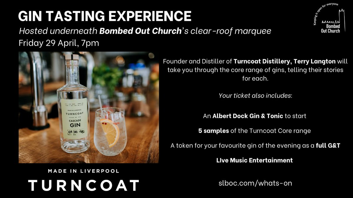 Enjoy a gin tasting evening with Founder and Distiller of <a href="/WeareTurncoat/">Turncoat</a> Distillery, Terry Langton on the 29th of April. Including live music entertainment 🍸🍾

🍸 TICKETS bit.ly/GinTastingBOC
🍸 RSVP bit.ly/TCGINBOC