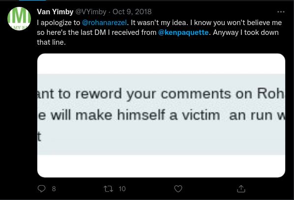 rohanarezel's tweet photo. Thrilled to see @OneCityVan candidate @danrothwell_ca liking Ken Paquette's defamatory tweets.
Paquette counselled a racist #YIMBY to make "savage" comments about me less racist. He's carried a campaign of harassment and smears against me since.
#vanre #vanpoli https://t.co/tNv1puTf5c