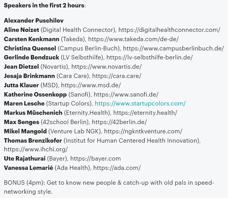 Speakers line-up for Wednesday 23.Mar #NetworkingForHealth. Join us  meetup.com/STEM4health-Be… and see @StartupColors <a href="/Novartis/">Novartis</a> <a href="/jotka/">Jutta Klauer</a> <a href="/mrpusch/">Alex Puschilov.com</a> <a href="/MMueschenich/">Markus Müschenich</a> <a href="/BerlinPartner/">Berlin Partner</a> <a href="/anoizet/">Aline Noizet</a> <a href="/sanofiDE/">Sanofi Deutschland</a> <a href="/mikelmangold_/">Mikel Mangold</a> <a href="/VanessaLemarie/">Vanessa Lemarié</a> <a href="/adahealth/">Ada</a> <a href="/campusbuch/">Campus Berlin-Buch</a> <a href="/TakedaPharma/">Takeda</a> <a href="/BayerPharma/">Bayer | Pharmaceuticals</a> <a href="/_bezsi/">S</a>