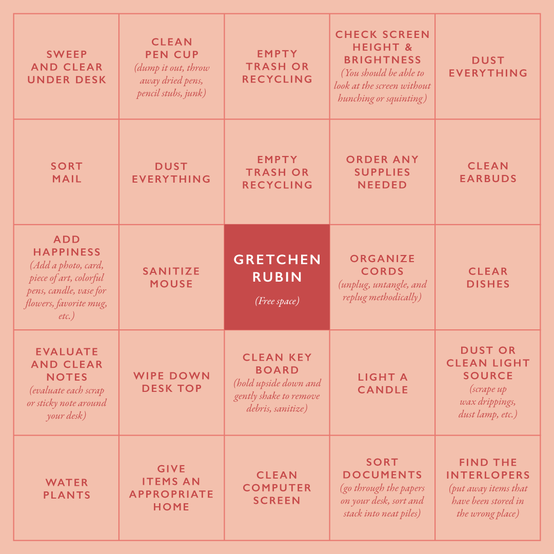 gretchenrubin's tweet photo. I love gamify-ing a task, especially around tidiness.

Try it with me! Can you give your Monday morning self a treat by getting a desk-clearing bingo now? https://t.co/CHCkwPuKul
