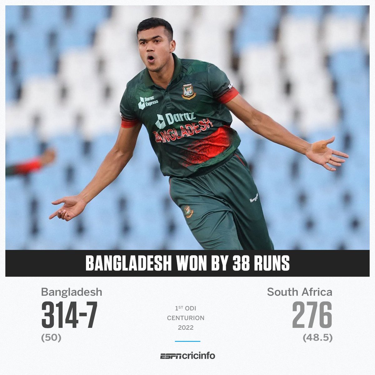cricinfo's tweet photo. History has been made! 

Shakib and Taskin lead Bangladesh to their first ever ODI win in South Africa 🎊 

https://t.co/nbZ7Lj5jmG | #SAvBAN https://t.co/rCt0V50aKV