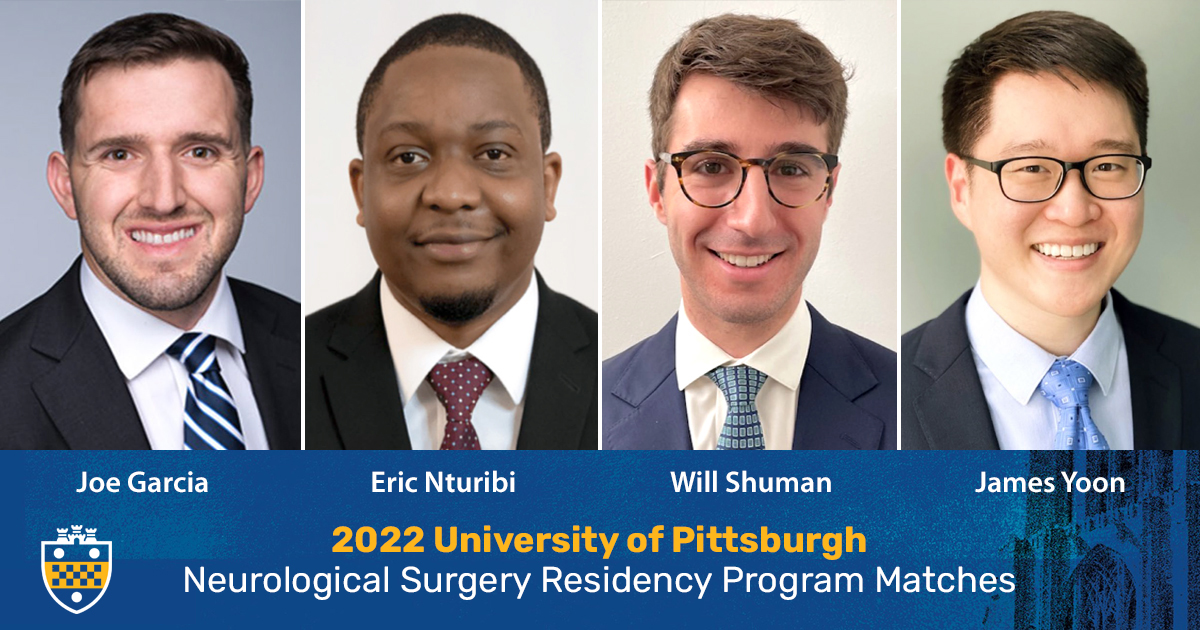 The University of Pittsburgh Department of Neurological Surgery would like to congratulate Joe Garcia, Eric Nturibi, Will Shuman, and James Yoon for matching into our neurological surgery residency program. Welcome! #MatchDay2022 #Match2022