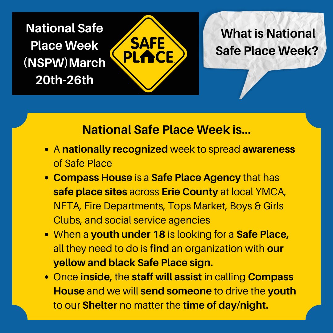 CompassHouseWNY's tweet image. We are excited for National Safe Place Week starting at the end of this week! NSPW is from 03/20-03/26 and is about spreading awareness and knowledge of Safe Place. You can help with the goal by sharing this post and looking for our updates all week!
@SafePlace
#NSPWeek2022