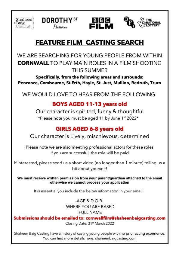 Casting Search 🚨 We are searching for two brilliant young people from #cornwall to play main roles in a film this summer. We would greatly appreciate you sharing. Thank you Text txt.do/t1dko #penzance #cambourne #sterth #hayle #stjust #mullion #redruth #truro