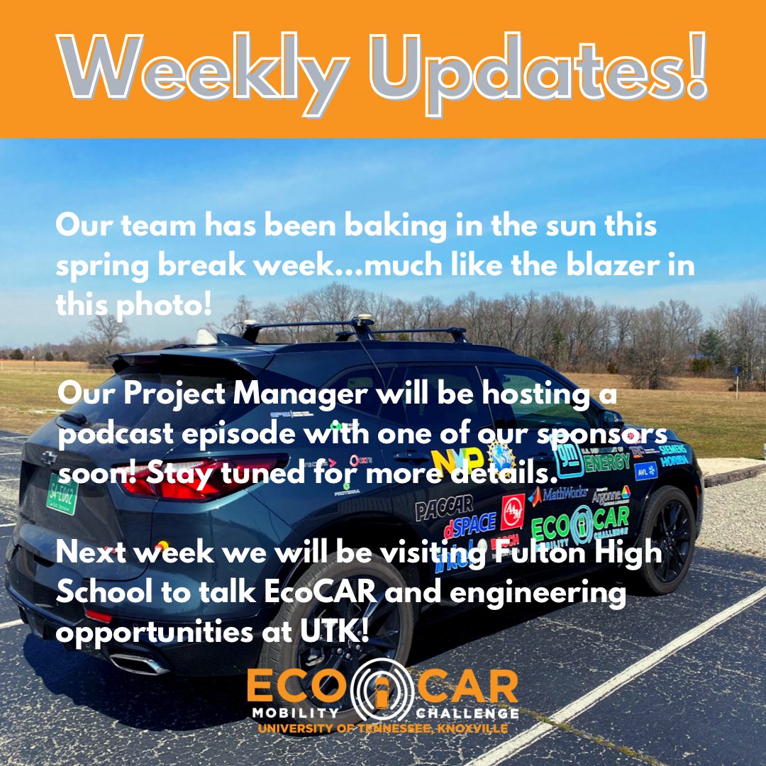 EcoCarUTK's tweet photo. Update time! Have you been baking in the sun this spring break?? #weeklyupdate #ecocar #govols #springbreak https://t.co/B83dcI3kWh