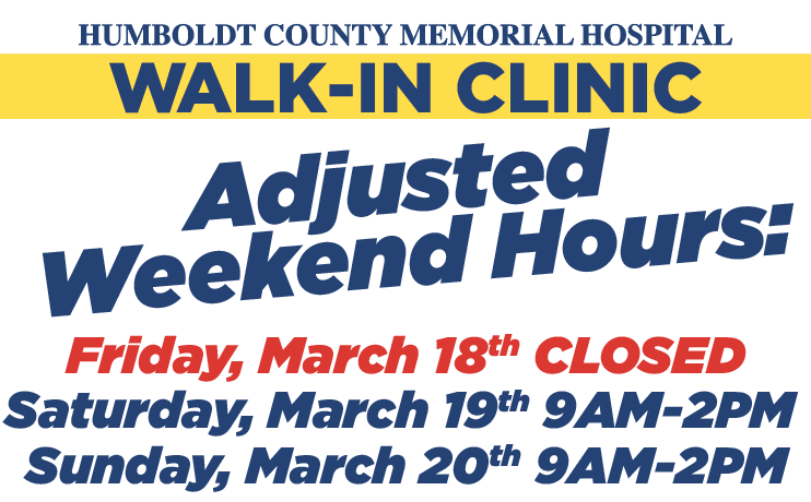 HCMHospital's tweet photo. The HCMH Walk-In Clinic will be closed today, Fri., Mar. 18th. If you are needing to see a provider today, the UnityPoint Clinic is open until 5 pm, please call 515-332-2015 to schedule an appointment. 
HCMH Walk-In Clinic Weekend Hours: 
Sat, Mar. 19-9am-2pm
Sun, Mar. 20-9am-2pm https://t.co/k6CFNTwoWl