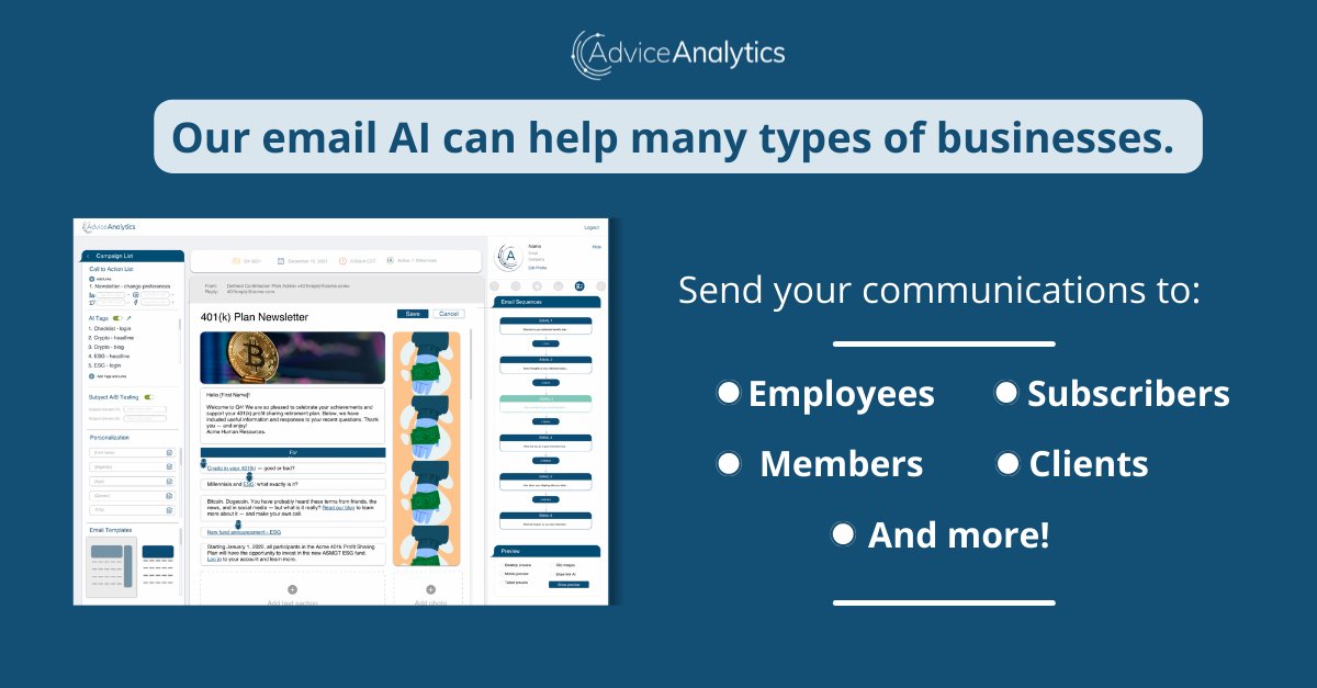 AdviceAnalytics's tweet photo. In our mission to help secure the financial futures of millions of everyday workers, we opened our platform to different types of business leaders. Visit us at https://t.co/hEsfPcH6Bo https://t.co/I58pDTCylc