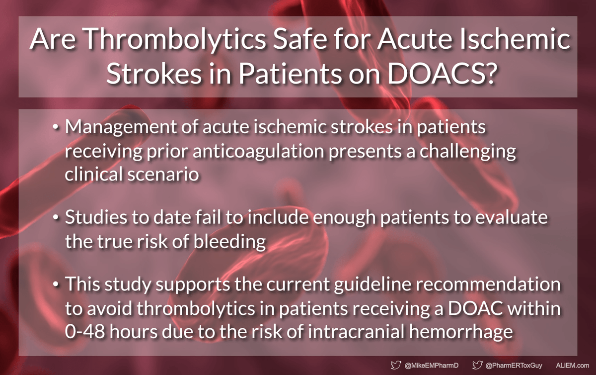 How long after taking a DOAC can patients safely receive a thrombolytic? Learn more in this EM Pharm Pearl!

aliem.com/are-thrombolyt…

<a href="/MikeEMPharmD/">Mike O'Brien</a> <a href="/PharmERToxGuy/">Bryan D Hayes PharmD</a>