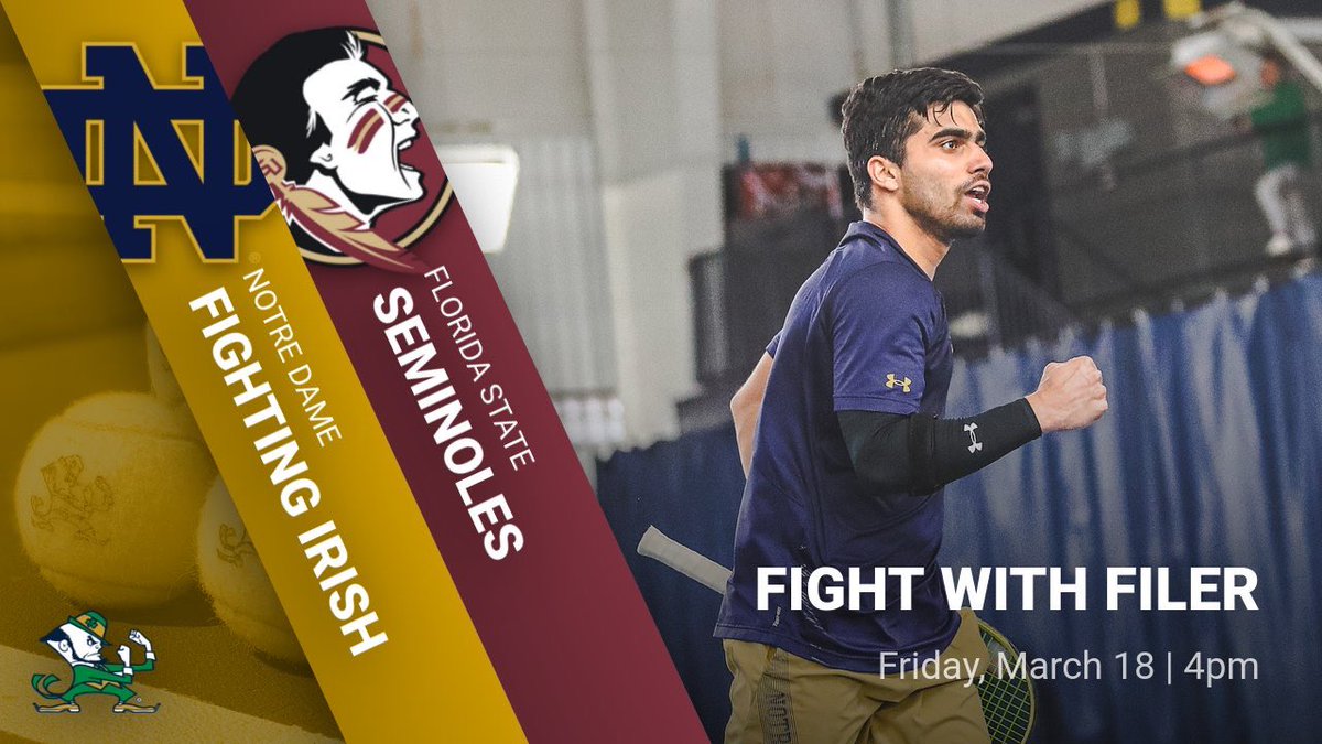 NDMensTennis's tweet photo. It’s an important MATCH DAY as we Fight with Filer!

🆚 @FSU_MTennis 
⏰ 4pm
📍 Notre Dame, IN
🎟 FREE
📊 https://t.co/7pzJrhcGVa
🎥 https://t.co/F5aJCkuTWX **If inside**

#FightWithFiler #GoIrish☘️ https://t.co/nTY9wuUEaq