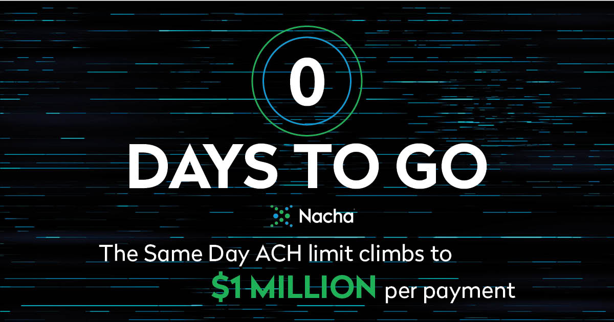Today’s the day! The #SameDayACH per payment limit is officially increasing to $1 million. Learn more about this exciting change, and how it will expand Same Day ACH’s capabilities. 
hubs.la/Q012dfNd0