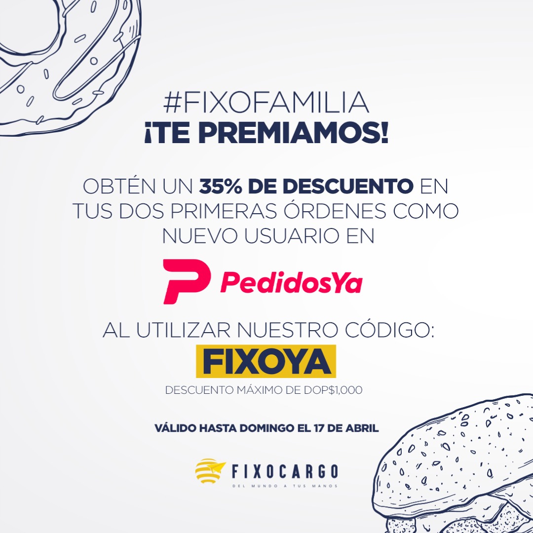 FixoCargo's tweet photo. Hoy es viernes y nuestra #FixoFamilia lo sabe!✨🕺🏽
Usa el código FIXOYA para que recibas un 35% de descuento en tus dos primeras órdenes🍔en @pedidosya_do
Válido hasta el 17 de Abril.
#FixoCargo #DelMundoAtusManos #TuCourierFavorito https://t.co/oZhUbDkalY