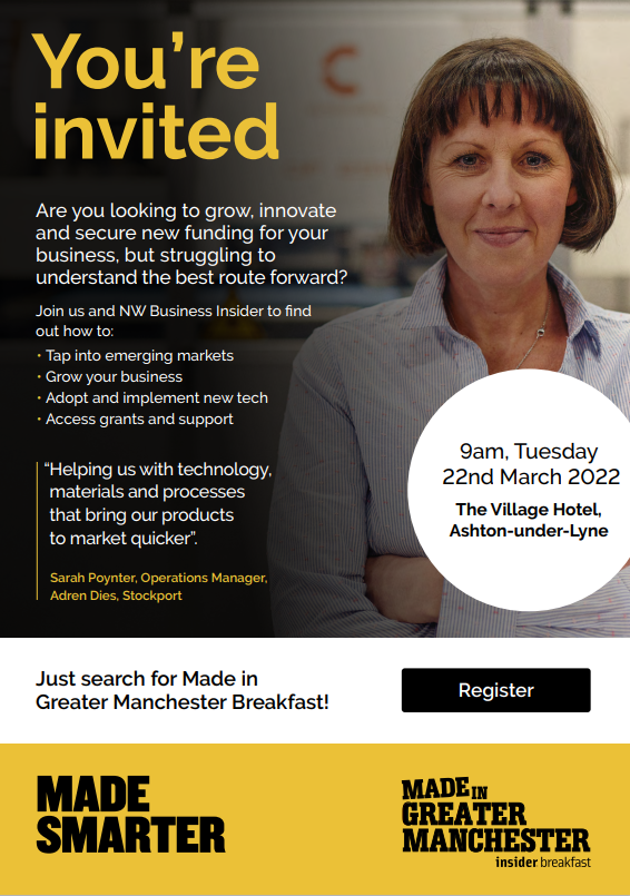 MadeSmarterUK's tweet photo. Do you want to find out how you can tap into emerging markets and how you can grow through digital technology with the facilities and support?

Sign up for the 'Made in Greater Manchester Breakfast' on 22nd March.

Register now!
👉https://t.co/2yPbsGvHQ2

#MadeinGM @insidernwest https://t.co/3yrmQxgegf