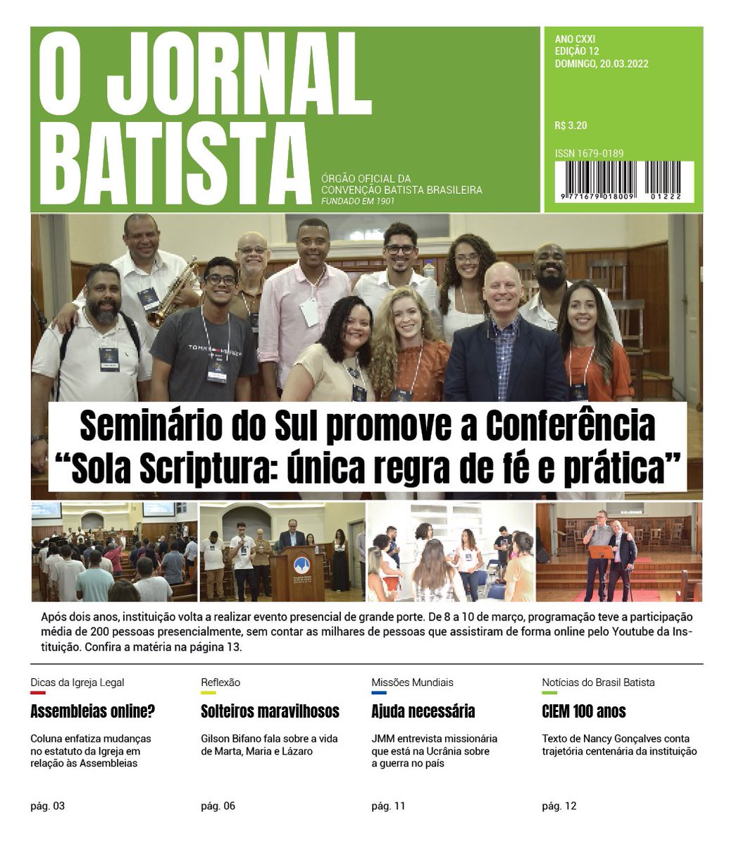 batistasdacbb's tweet photo. O destaque de OJB desta semana é a conferência “Sola Scriptura: única regra de fé e prática”, organizada pelo
@seminariodosul
Leia mais: https://t.co/UOHLjmXKcX
#CBB #OJB #STBSB https://t.co/RN7663qN3S