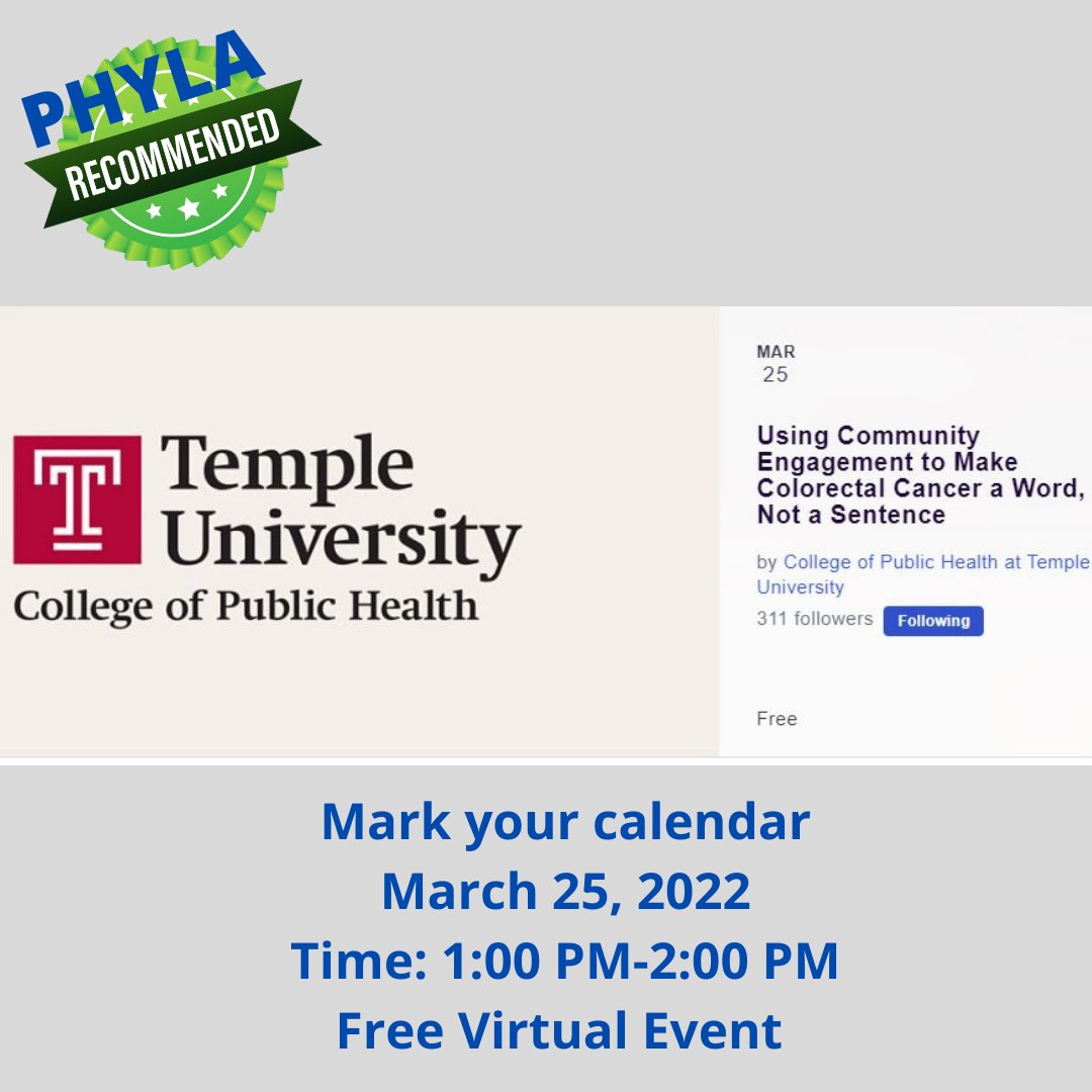 Mark your calendar with this event hosted by the College of Public Health at Temple University. The speaker, Charles R. Rogers, PhD, MPH, MS, MCHES will discuss colorectal cancer (CRC) and share his approach to reduce CRC disparities. 

Registration: eventbrite.com/e/using-commun…