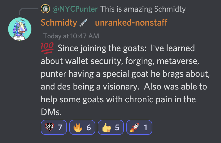 GOATzRadio's tweet image. Why is "community" considered "utility"?

For the way it benefits folks both in NFT world and IRL.

@KeithschmidtMD spoke in the @MaisonDeGOAT discord about ways that 🐐 has lived this out.

What community have you learned from and grown with? Let us know below! ⌨️👇