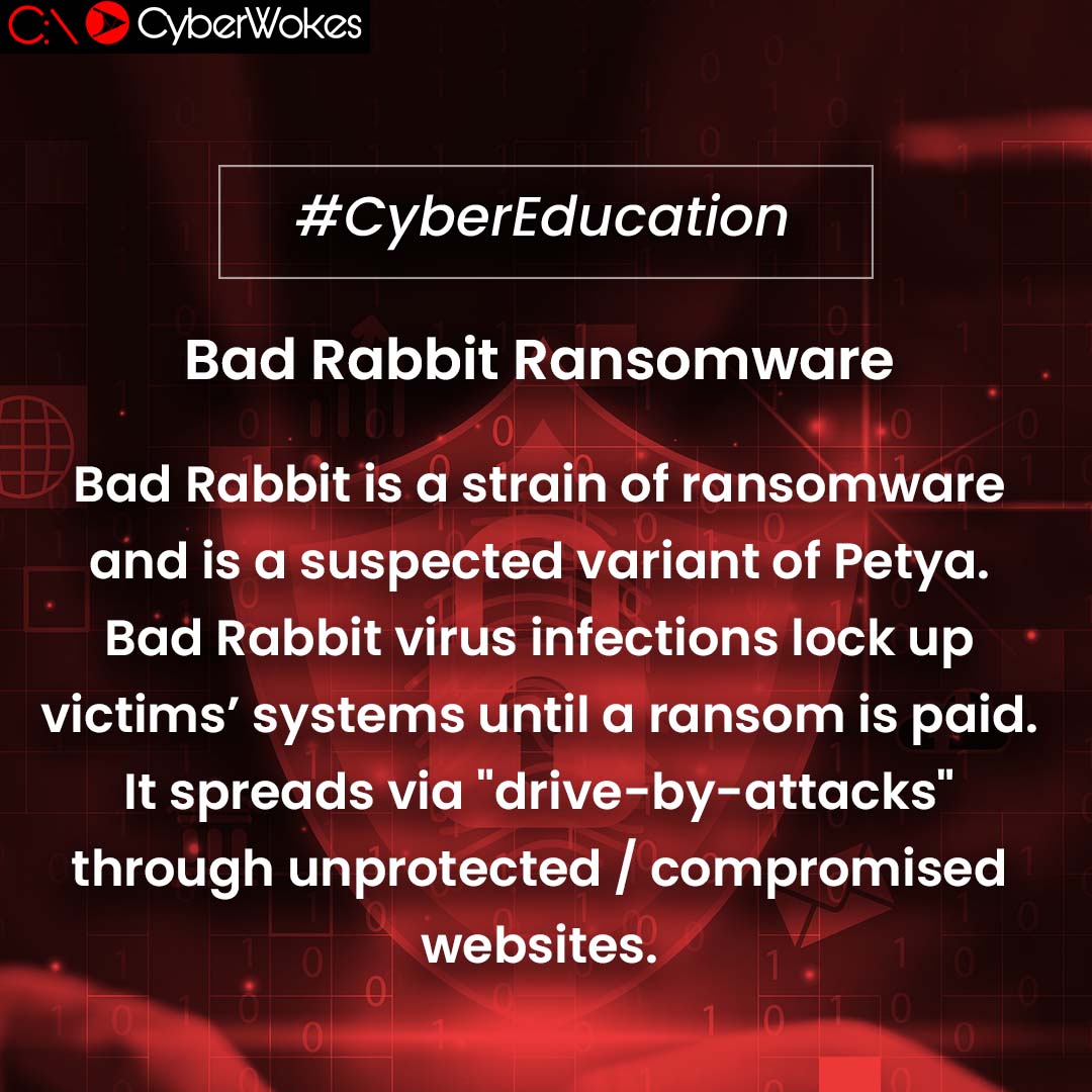 CyberWokes's tweet photo. The first occurrence of Bad Rabbit was in 2017. Bad Rabbit, disguised as an Adobe Flash installer, spreads through drive-by downloads on compromised websites, which means people could be exposed to the virus merely by visiting a compromised website. https://t.co/MEPkqYWnRw