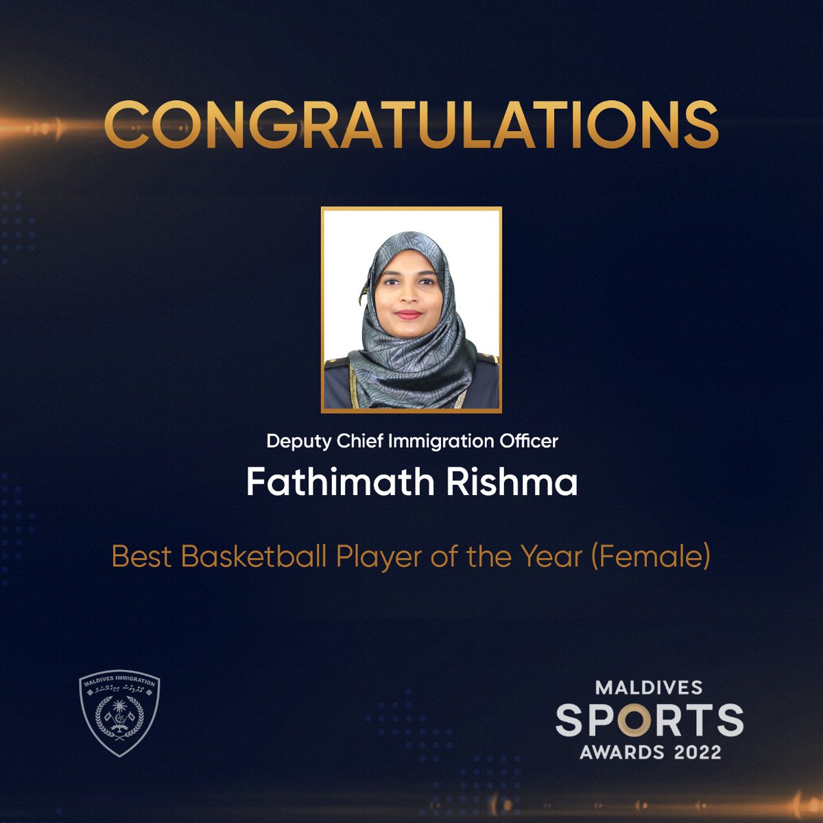 Congratulations to Deputy Chief Immigration Officer Fathimath Rishma, on winning the Best Basketball Player of the Year in #MaldivesSportsAwards2022.