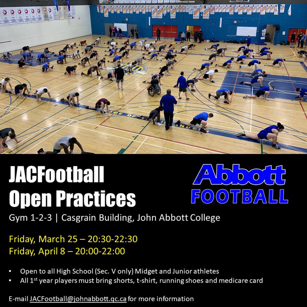 JACFootball's tweet photo. JACFootball ‘22 Open practices
Open to all High School (Sec. V only), Midget and Junior players.

All 1st year players must bring shorts, T-shirt, running shoes and their Medicare card https://t.co/cHqSZPZ6fy