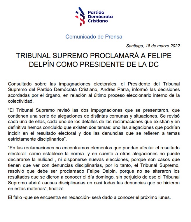 Saludamos la ratificación del TS del <a href="/PDC_Chile/">Democracia Cristiana</a> del triunfo de <a href="/FelipeDelpin/">Felipe Delpin</a> como su nuevo Presidente. La voz de l@s militantes siempre debe ser escuchada.