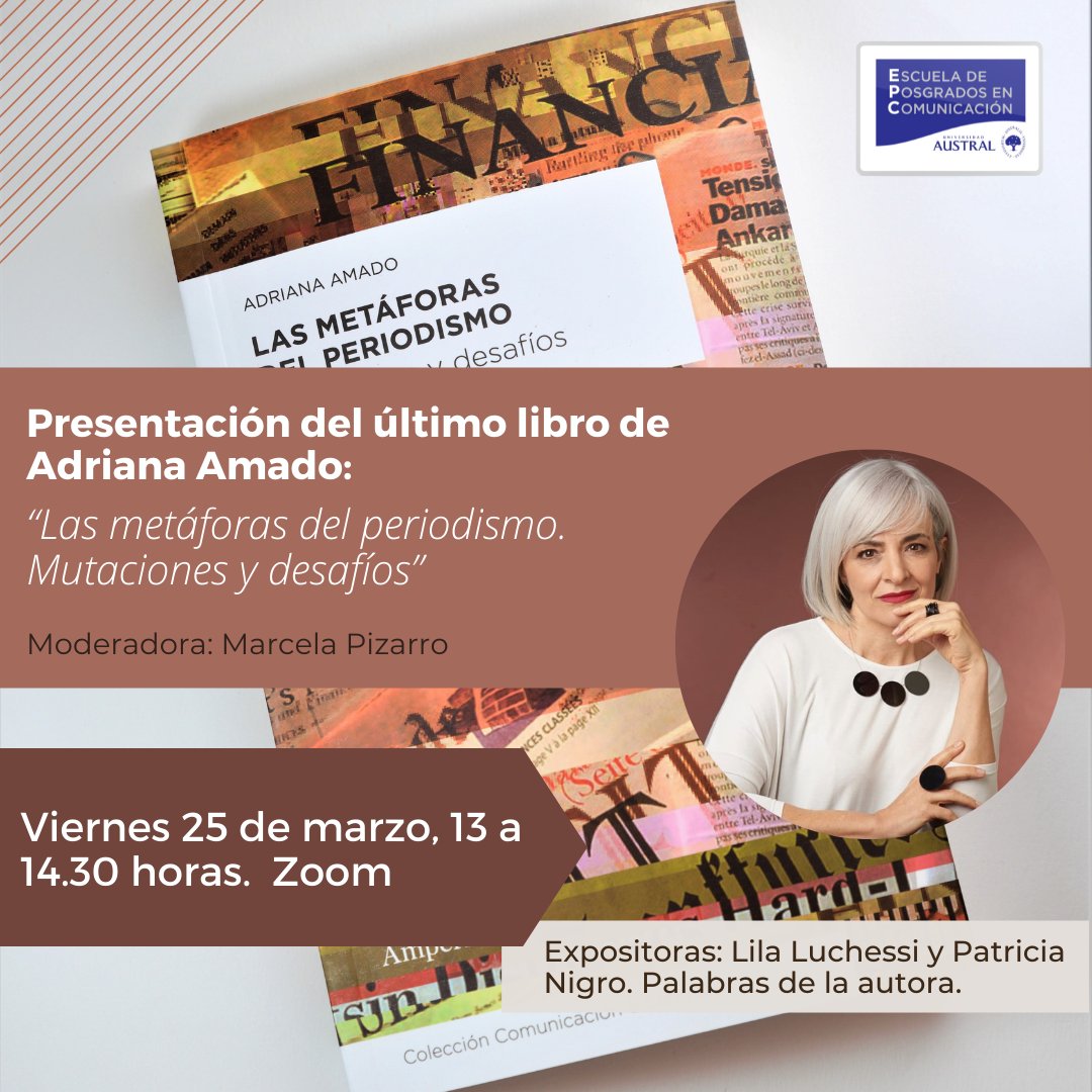 Nos alegra ser anfitriones de la presentación del último libro de nuestra profesora <a href="/LadyAAmado/">Adriana Amado</a> "Las metáforas del periodismo. Mutaciones y desafíos" 
25/3, 13 h Zoom. Inscripciones aquí: bit.ly/MetáforasAmado 
#periodismo #AdrianaAmado
