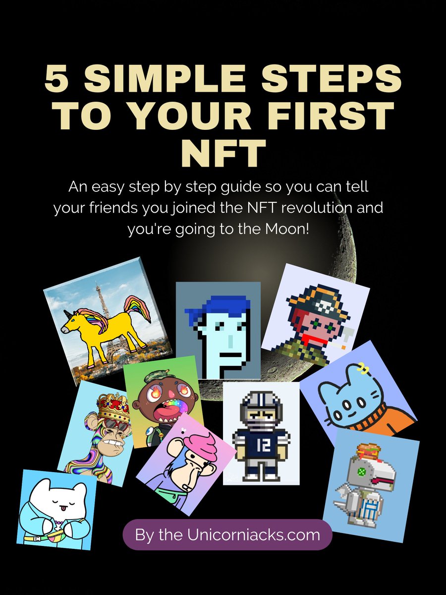 unicorniacks's tweet photo. 5 simple steps to your #firstNFT:

1- Find the #NFT you want to buy
2- Setup your #cryptowallet
3- Buy the #crypto you need
4- Send crypto to your wallet
5- Buy your NFT!

We cover it in easy to follow steps in this guide.
Get your free copy at https://t.co/8o1Svv7oEe https://t.co/Q34kLh8Ai1
