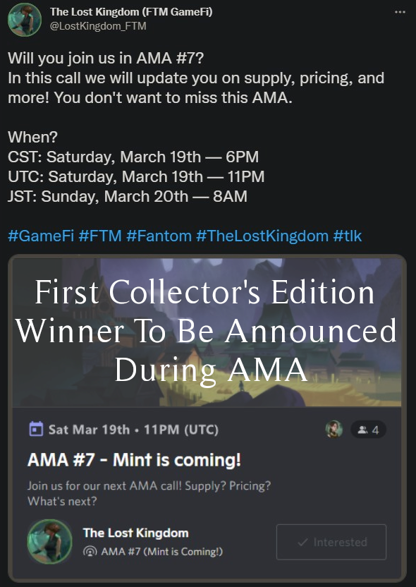 TheTLKProject's tweet photo. 🚨 Win a SUPER RARE 1/1 'Behind The Scenes' Collectors Edition NFT 🚨

TO ENTER:
➡️ Follow @LostKingdom_FTM 
🔄+👍 Retweet and Like this post
🤝Tag 3 people who should check out https://t.co/AYZpannGbq

🎉The winner will be announced during our upcoming AMA! (March 19th 11PM UTC) https://t.co/O81SttFXA6