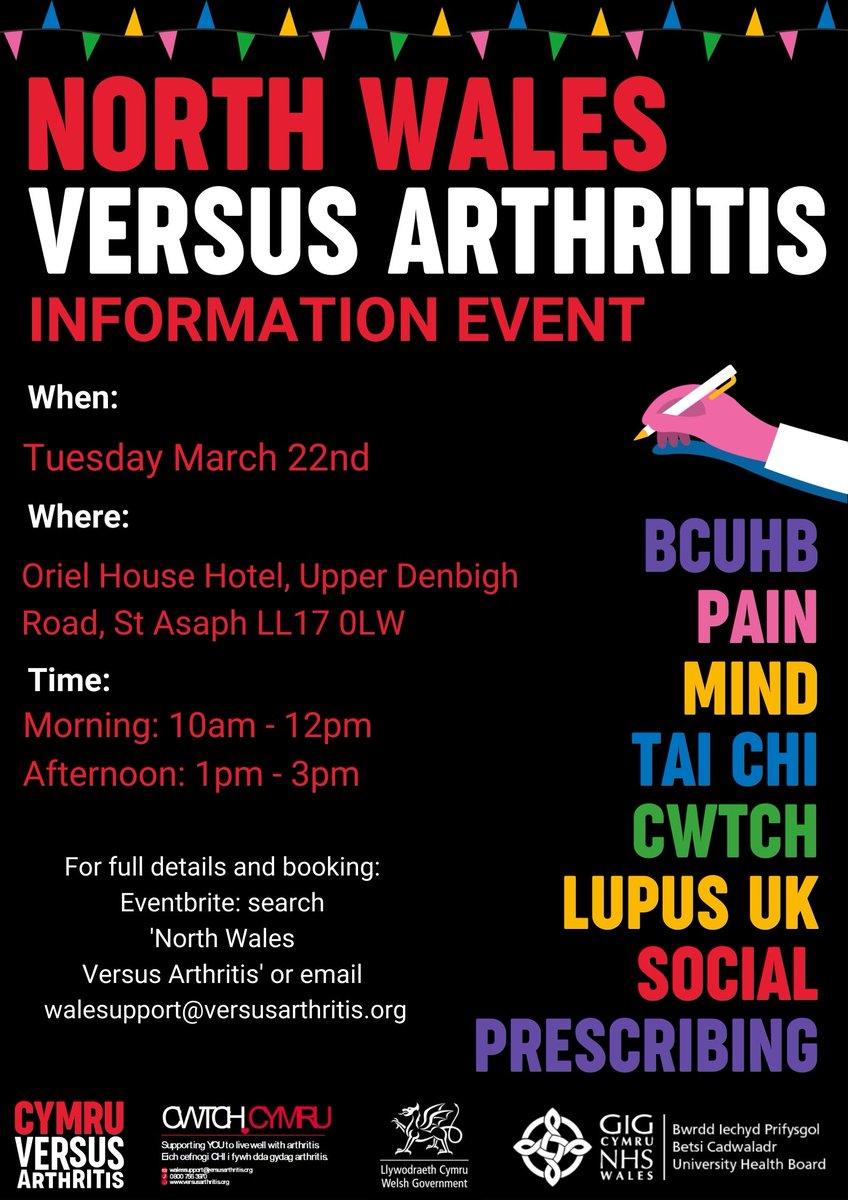 We're holding a North Wales Versus Arthritis Info Event at St Asaph on 22 March! Free to attend and all welcome, details on posters⬇️Please let us know you’ll be attending by booking a space at  …tis_networking_event.eventbrite.co.uk - it only takes a minute😊We look forward to seeing you!