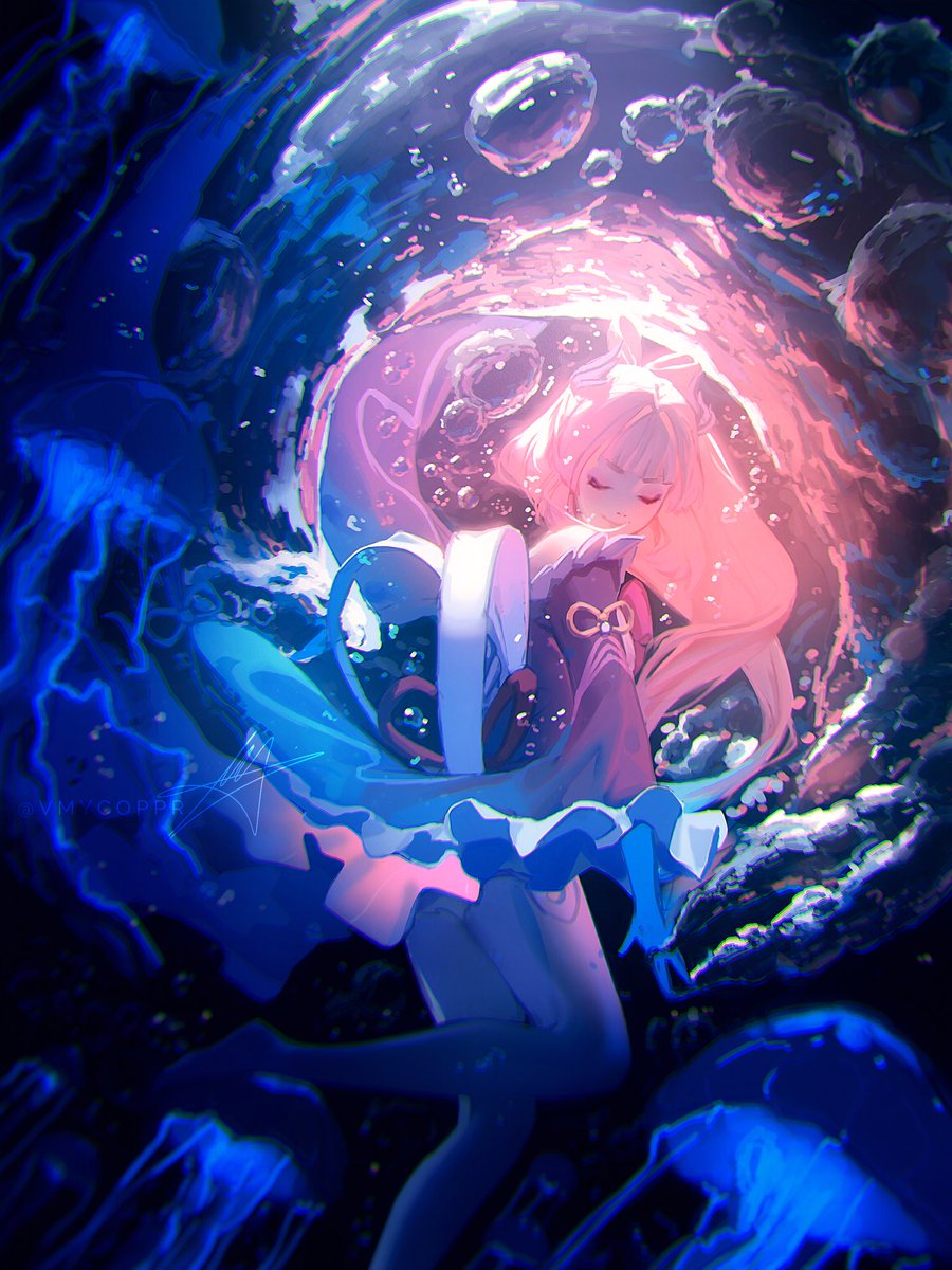 sangonomiya kokomi 1girl jellyfish closed eyes pink hair solo underwater long hair  illustration images