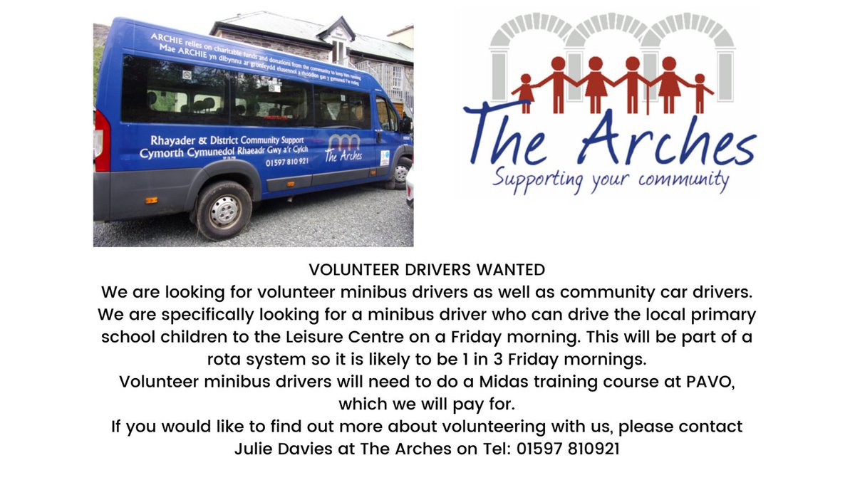 VOLUNTEER DRIVERS WANTED!

We are looking for #volunteer minibus drivers as well as community car drivers.

If you would like to find out more about volunteering with us, please contact Julie Davies at The Arches on Tel: 01597 810921