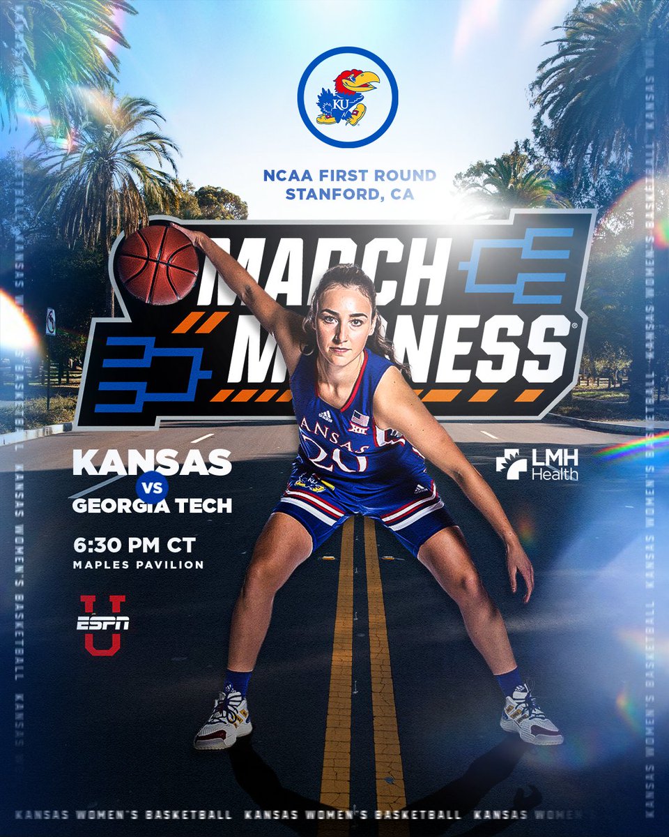 Bring on the Madness 👊

𝗡𝗖𝗔𝗔 𝗙𝗶𝗿𝘀𝘁 𝗥𝗼𝘂𝗻𝗱
🏀 vs. #9 Georgia Tech
⏰ 6:30 PM CT
📍 Stanford, CA
📺 ESPNU

#KUWBB | #RockChalk