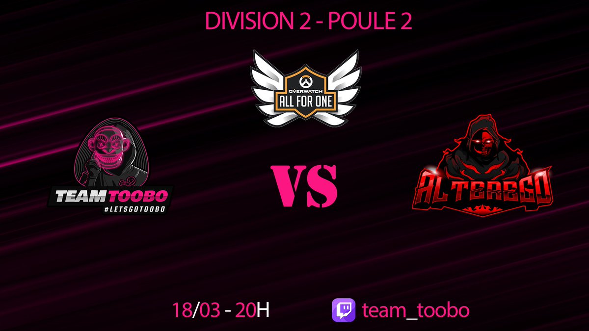 team_toobo's tweet photo. Nous retrouvons nos Toobos face aux @AlterEgo_OW  ce soir dans leur deuxième match de stage 2 du @PlayAllForOneFR 🙉

RDV dès 20h pour les suivre sur notre chaine twitch🙈

#LetsGoToobo🐵

https://t.co/FZ1qcXqZM9 https://t.co/pT5hcLgMO4