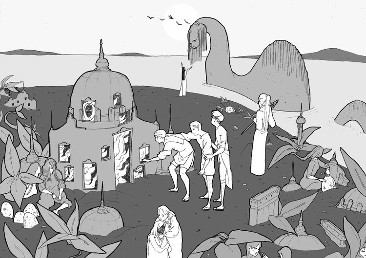 it brings me back to Islands, a zine I did which also explored outer gods, the Moons, which fell upon a commune of islanders, who then had to depart from their original beliefs (the Sea Gods) and the process of their reconciliation. 