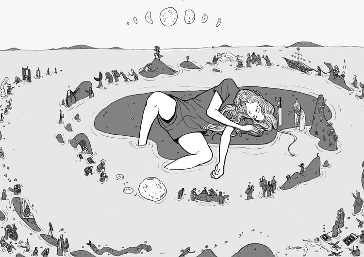 it brings me back to Islands, a zine I did which also explored outer gods, the Moons, which fell upon a commune of islanders, who then had to depart from their original beliefs (the Sea Gods) and the process of their reconciliation. 
