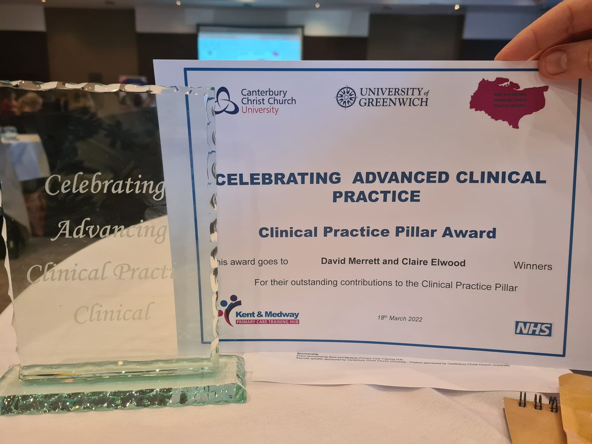 Boom, just won clinical practice pillar award for for our work in creating a radiographer lead Ng/NJ insertion service <a href="/wonder_wife/">Claire Elwood</a> <a href="/MTWnhs/">Maidstone and Tunbridge Wells NHS Trust</a> at the kent medway advanced clinical practice conference 22. 
Big thanks to <a href="/DrAidanShaw/">Aidan Shaw</a> and the IR nursing &amp; radiology team